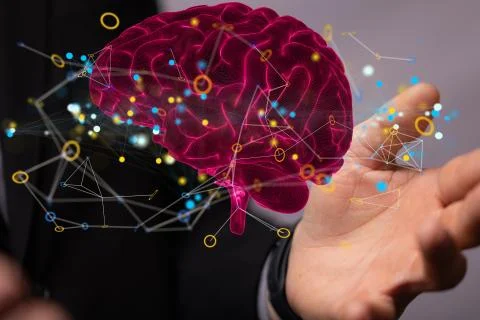 3D rendering of an Artificial Intelligence with a real person holding it 写真素材