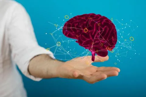 3D rendering of an Artificial Intelligence with a real person holding it 스톡 사진