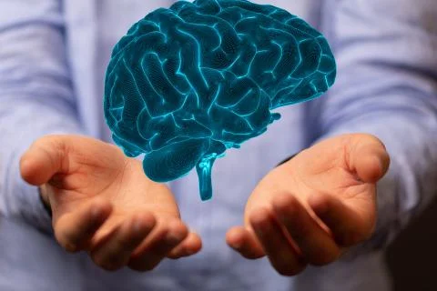 3D rendering of an Artificial Intelligence with a real person holding it Foto stock