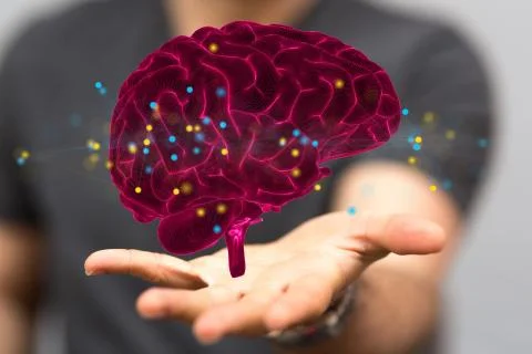 3D rendering of an Artificial Intelligence with a real person holding it 写真素材