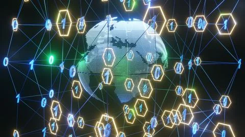 3D Rendering. Artistic infographics binary numbers tunnel and Earth globe rot Illustrazione stock