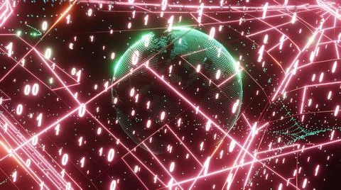 3D Rendering. Artistic infographics binary numbers tunnel and Earth globe rot Stock Illustration
