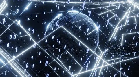 3D Rendering. Artistic infographics binary numbers tunnel and Earth globe rot Illustrazione stock