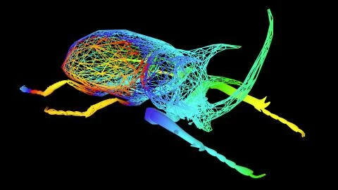 3d rendering of an artistic object made with colorful rope lines on black Stock Illustration