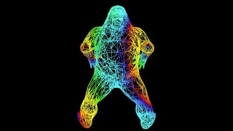 3d rendering of an artistic object made with colorful rope lines on black Stock Illustration