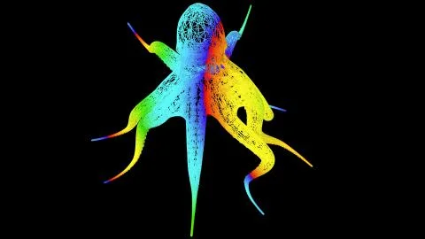 3d rendering of an artistic object made with colorful rope lines on black Stock Illustration