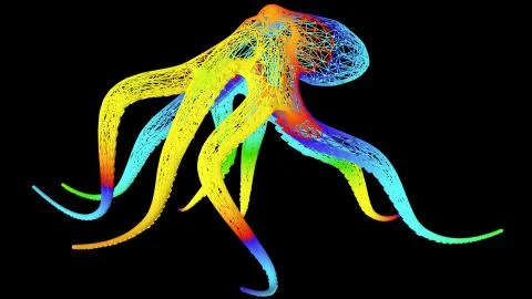 3d rendering of an artistic object made with colorful rope lines on black Stock Illustration