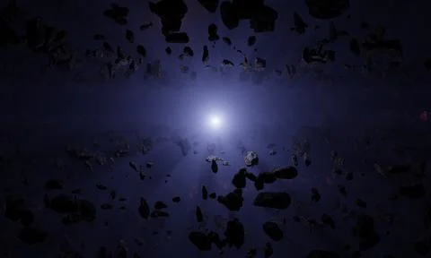 3d rendering of asteroid field surrounding a distant star with mysterious Stock Illustration