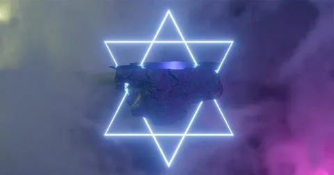 3d rendering. An asteroid in space among gas clouds lit by two light-blue neo Stock Illustration