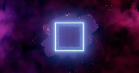 3d rendering. An asteroid in space among gas clouds lit by a light blue neon Stock Illustration