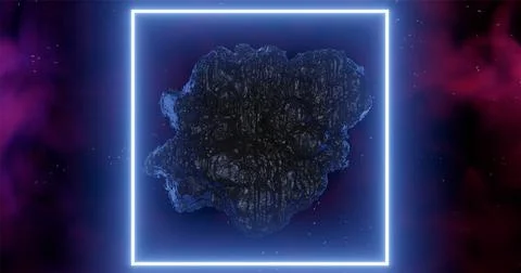 3d rendering. An asteroid in space among gas clouds lit by a light blue neon Stock Illustration