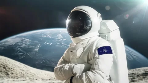 3D Rendering Of Astronaut carrying on his shoulder  Nato Flag Against Video stock 283702595