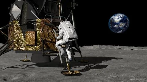 3D rendering. Astronaut descends the stairs of the Apollo spacecraft. CG Anim Stock Illustration