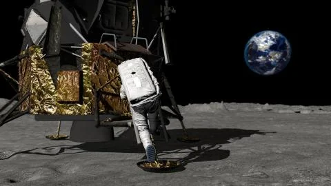 3D rendering. Astronaut descends the stairs of the Apollo spacecraft. CG Anim Stock Illustration