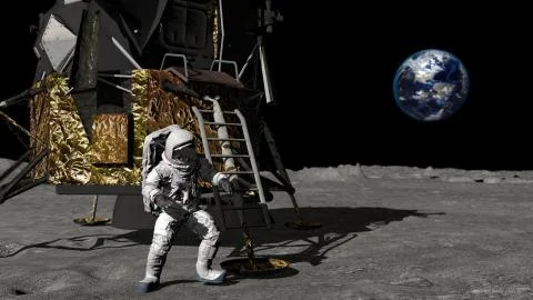 3D rendering. Astronaut descends the stairs of the Apollo spacecraft. CG Anim Stock Illustration
