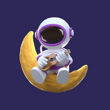 3D rendering of an astronaut with a guitar sitting on the moon Stock Illustration