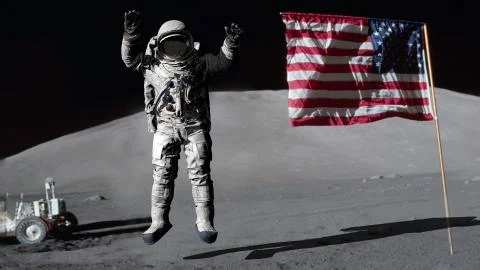 3D rendering. Astronaut jumping on the moon and saluting the American flag. C Stock Illustration