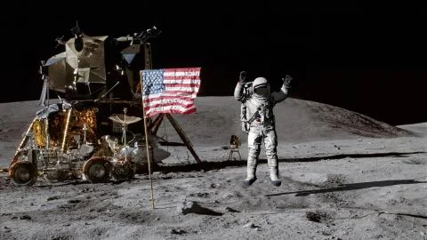 3D rendering. Astronaut jumping on the moon and saluting the American flag. C Stock Illustration