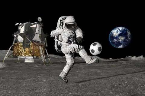 3d rendering Astronaut on the moon playing football. Slow motion. Elements of Stock Illustration