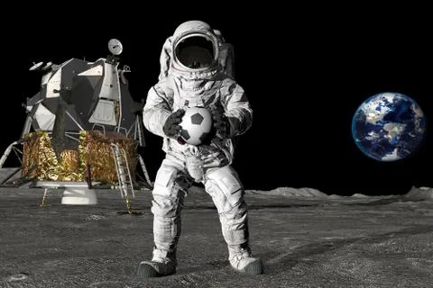 3d rendering Astronaut on the moon playing football. Slow motion. Elements of Stockillustratie