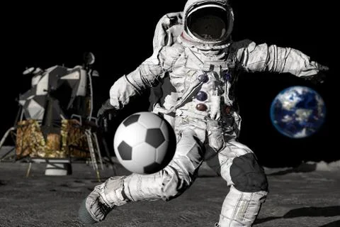 3d rendering Astronaut on the moon playing football. Slow motion. Elements of イラスト素材