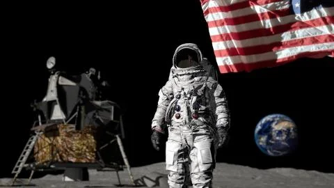 3D rendering. Astronaut saluting the American flag. CG Animation. Elements of Illustrazione stock