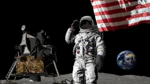 3D rendering. Astronaut saluting the American flag. CG Animation. Elements of 스톡 일러스트