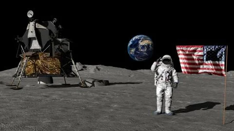 3D rendering. Astronaut saluting the American flag. CG Animation. Elements of 스톡 일러스트