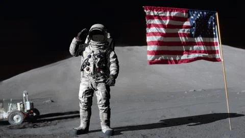 3D rendering. Astronaut saluting the American flag. CG Animation. Elements of 스톡 일러스트