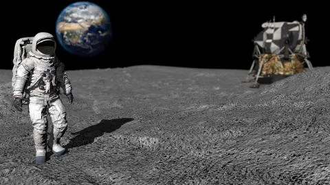 3D rendering. Astronaut walking on the moon. CG Animation. Elements of this i Stock Illustration