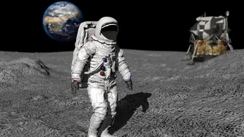 3D rendering. Astronaut walking on the moon. CG Animation. Elements of this i Illustrazione stock