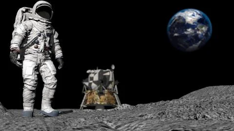 3D rendering. Astronaut walking on the moon. CG Animation. Elements of this i 스톡 일러스트