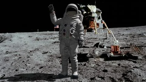3D rendering. Astronaut walking on the moon and waving his hand. CG Animation Stock Illustration