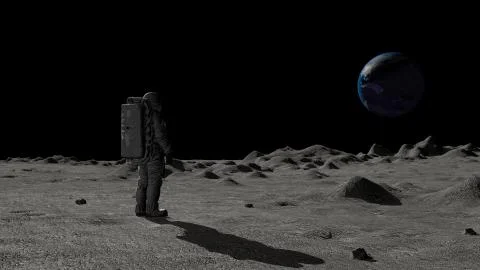 3D rendering. Astronaut walking on the moon and admiring the beautiful Earth. Stock Illustration