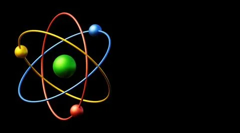 3d rendering of an atom with black background and copy space. Illustrazione stock