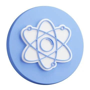 3D rendering of Atom icon. Electrons revolve around proton in orbits. Schoo.. Stock Illustration