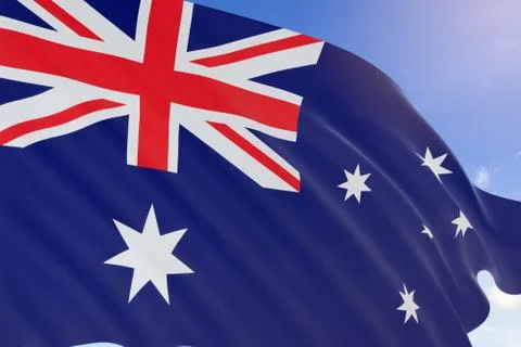 3D rendering of Australia flag waving on blue sky background Stock Illustration