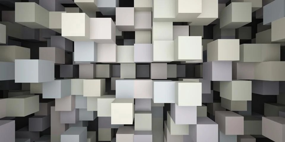 3D rendering background of light-colored random shuffled cubes in space Stock Illustration
