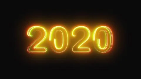 3D rendering background with multi-colored neon text 2020 on black. Computer Illustrazione stock