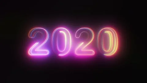 3D rendering background with multi-colored neon text 2020 on black. Computer Stock Illustration