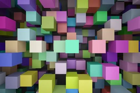 3D rendering background of multi-colored random shuffled cubes in space Stock Illustration
