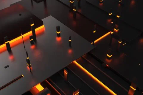 3d rendering background with random rectangle and box forms with bright lumin Stock Illustration