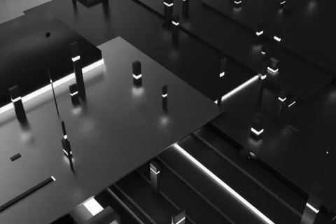 3d rendering background with random rectangle and box forms with bright lumin Illustrazione stock