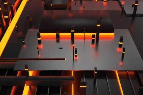 3d rendering background with random rectangle and box forms with bright lumin Illustrazione stock