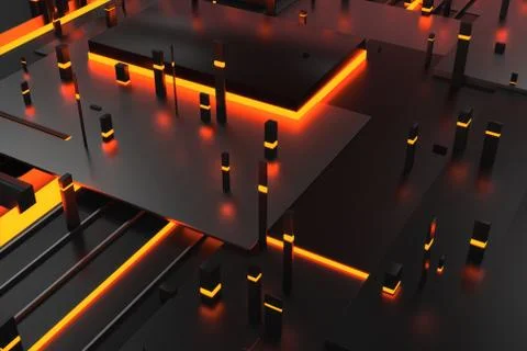 3d rendering background with random rectangle and box forms with bright lumin Stock Illustration