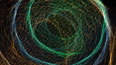 3d rendering background with twisted particle strings. Dark digital abstract Illustrazione stock
