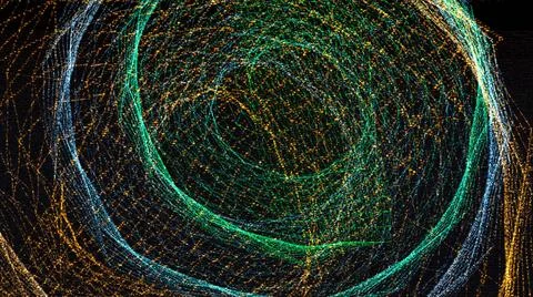 3d rendering background with twisted particle strings. Dark digital abstra... Stock Photos