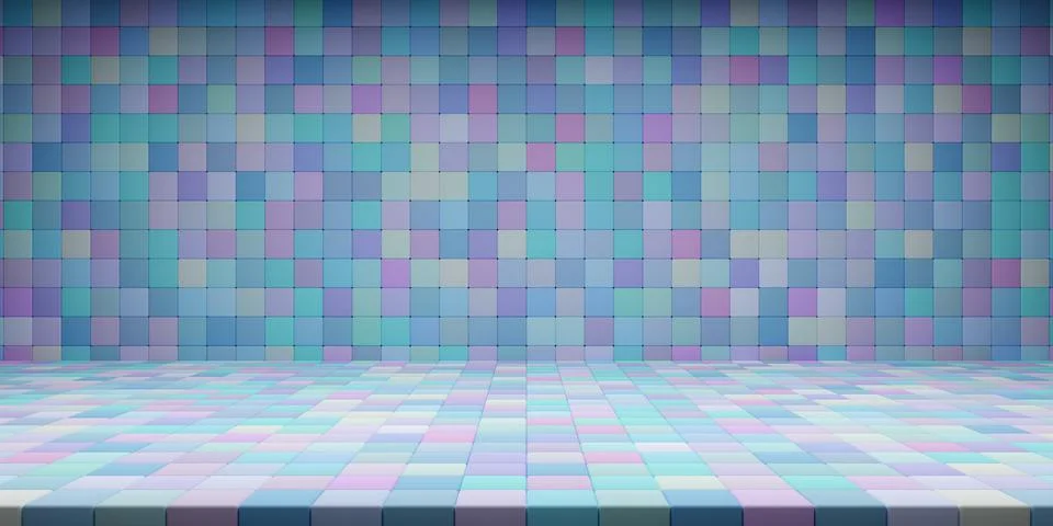 3D rendering background wall and floor tiled retro-colored shuffled cubes Stock Illustration