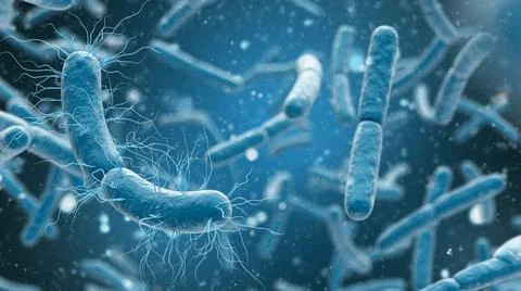 3D rendering bacteria closeup in blue background. Stock Illustration