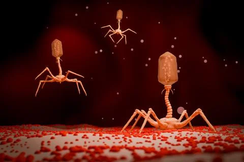 3D Rendering of Bacteriophage Virus on Bacterial Cell Stock-Fotos